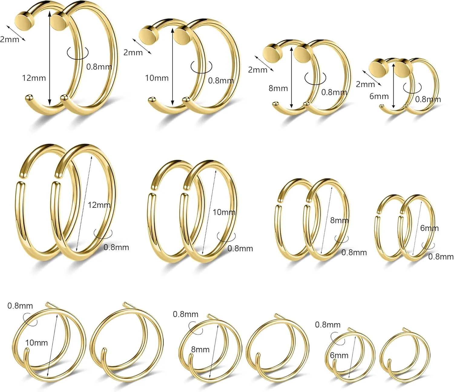 18G/20G/22G Stainless Steel Hoop Nose Ring Cartilage Earring for Women Men Softened Double Hoop Nose Ring for Single Piercing Bendable Tragus Helix Piercing Lip Septum Ring