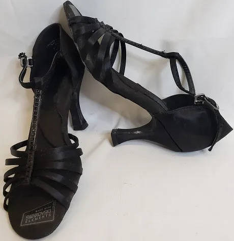 3" Crystal Danielle -- Flare Heel Latin Sandal -- Black Satin