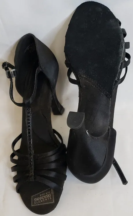 3" Crystal Danielle -- Flare Heel Latin Sandal -- Black Satin
