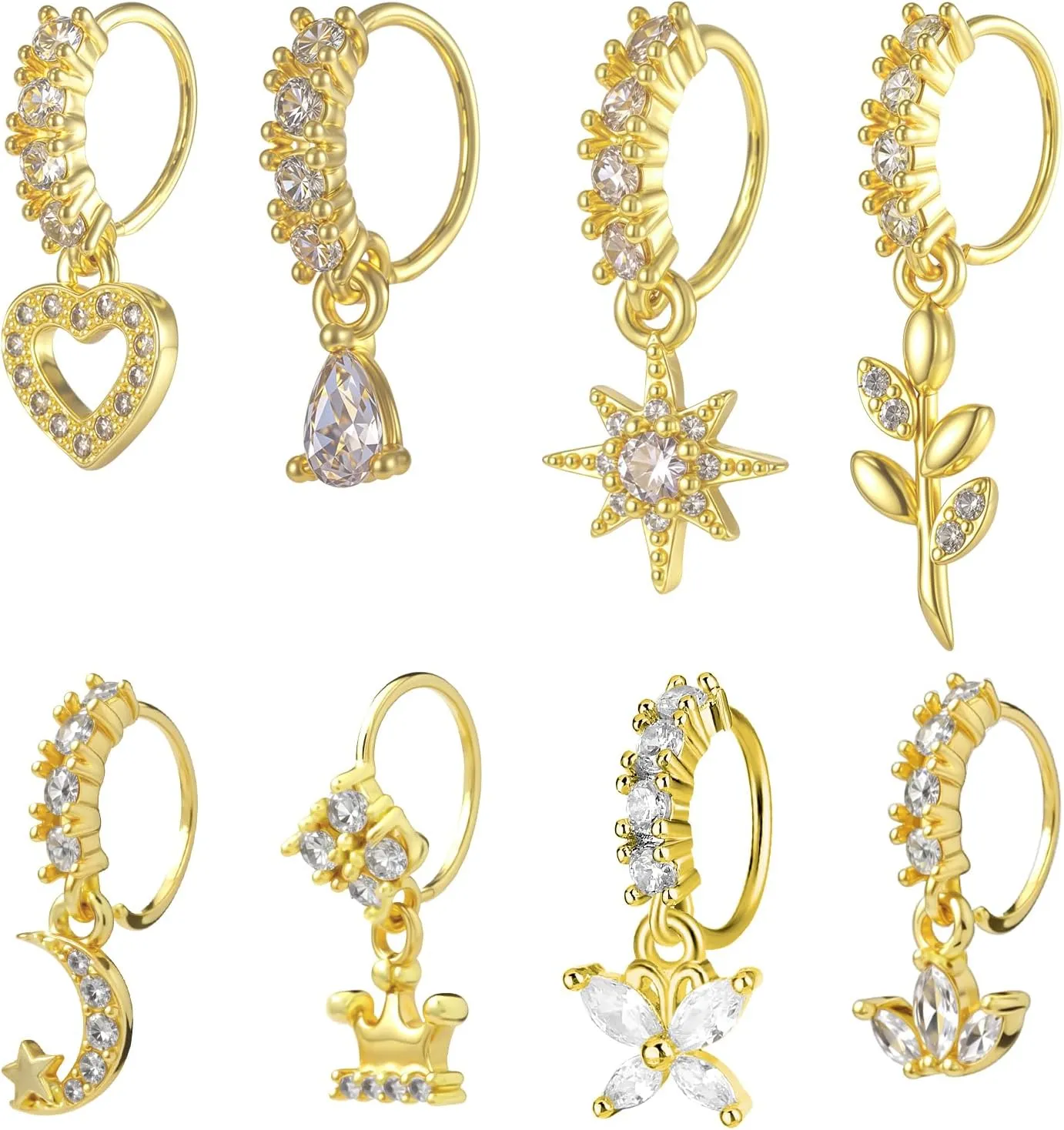 8 Pcs Dangle Nose Rings Hoop for Women 20G Butterfly Flower Heart Crown Moon Leaf Nose Ring Dangling Nose Piercing Jewelry Cartilage Earring Daith Tragus Helix Lip Piercing Gold