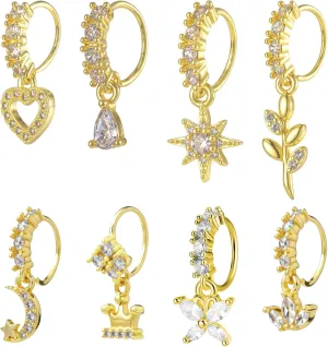 8 Pcs Dangle Nose Rings Hoop for Women 20G Butterfly Flower Heart Crown Moon Leaf Nose Ring Dangling Nose Piercing Jewelry Cartilage Earring Daith Tragus Helix Lip Piercing Gold