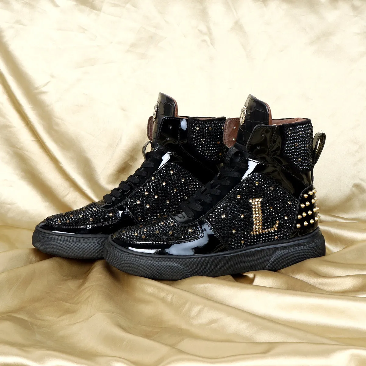 Bespoke "DL" Initial Black and Golden Swarovski Crystal Zardosi Patent Leather Sneakers with Golden Stud by Brune & Bareskin