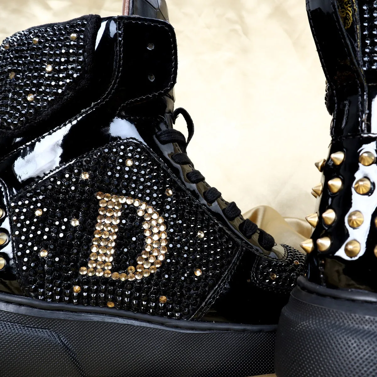 Bespoke "DL" Initial Black and Golden Swarovski Crystal Zardosi Patent Leather Sneakers with Golden Stud by Brune & Bareskin