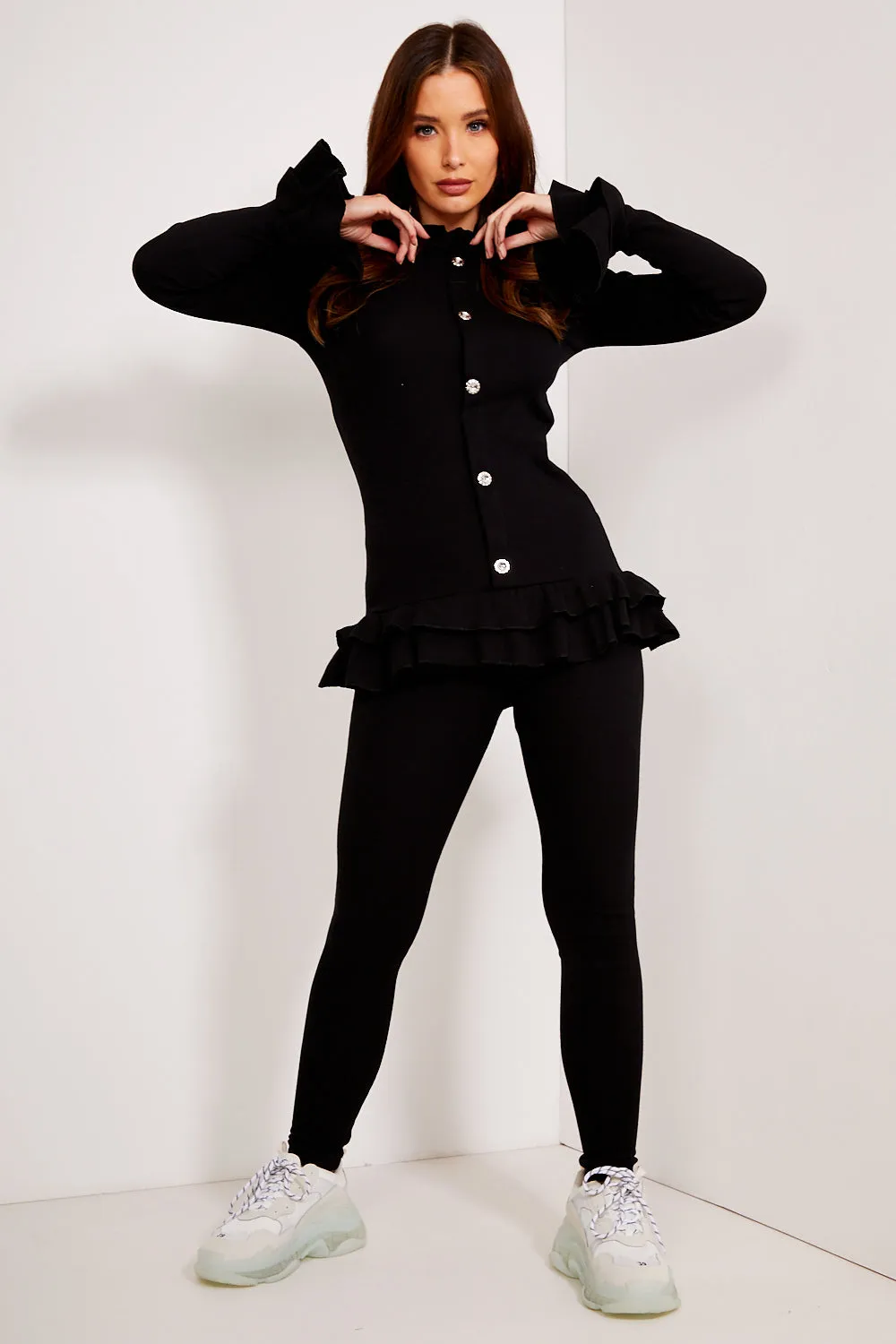 Black Frill Buttoned Loungewear Set