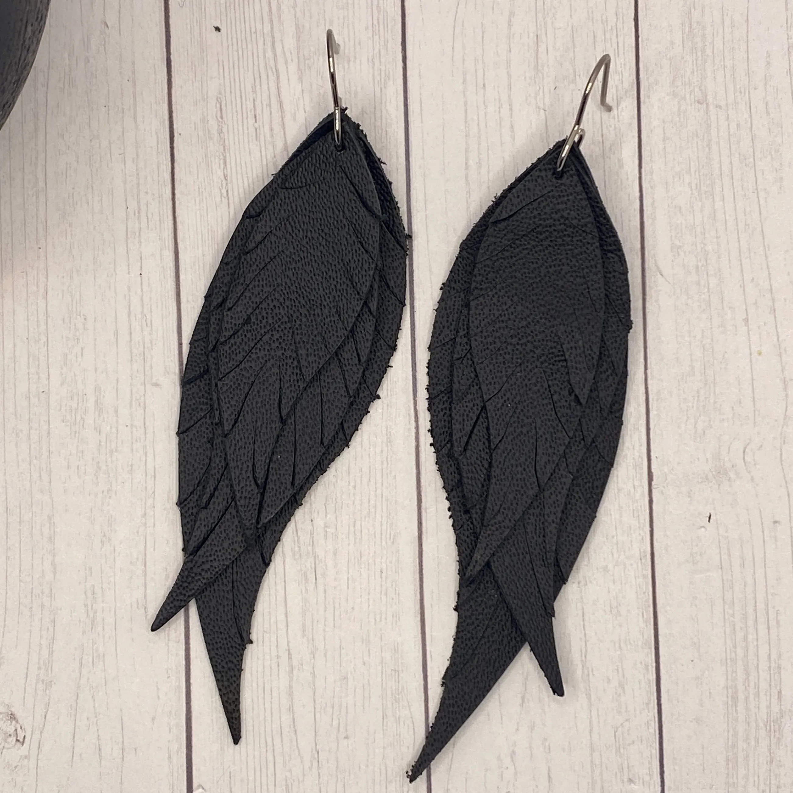 Black Genuine Leather Feather Earrings