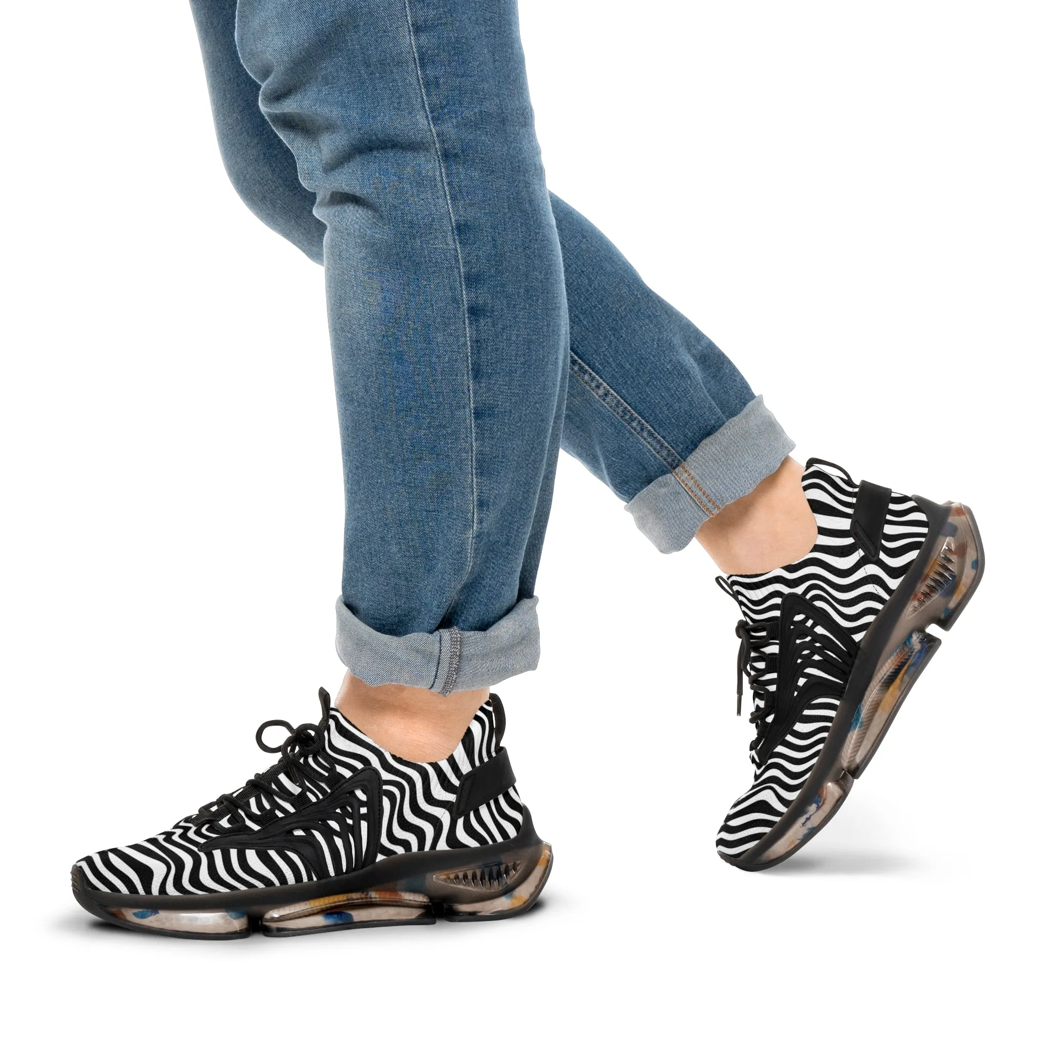 Black Waves Men's Mesh Sneakers, Black and White Wavy Print Men's Sneakers Best Comfy Men's Mesh Sports Sneakers Shoes (US Size: 5-12)