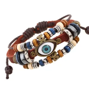 Boho Gypsy Style Multi Colour Leather Unisex Adjustable Rope Eye Bracelet - 2Pcs
