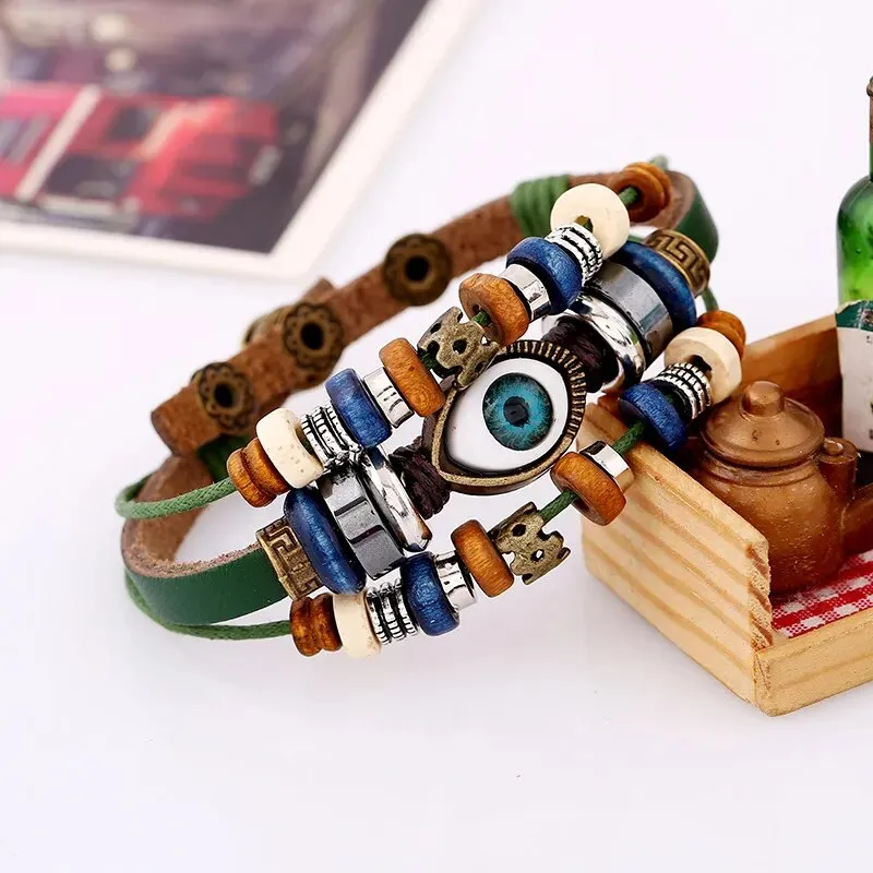 Boho Gypsy Style Multi Colour Leather Unisex Adjustable Rope Eye Bracelet - 2Pcs