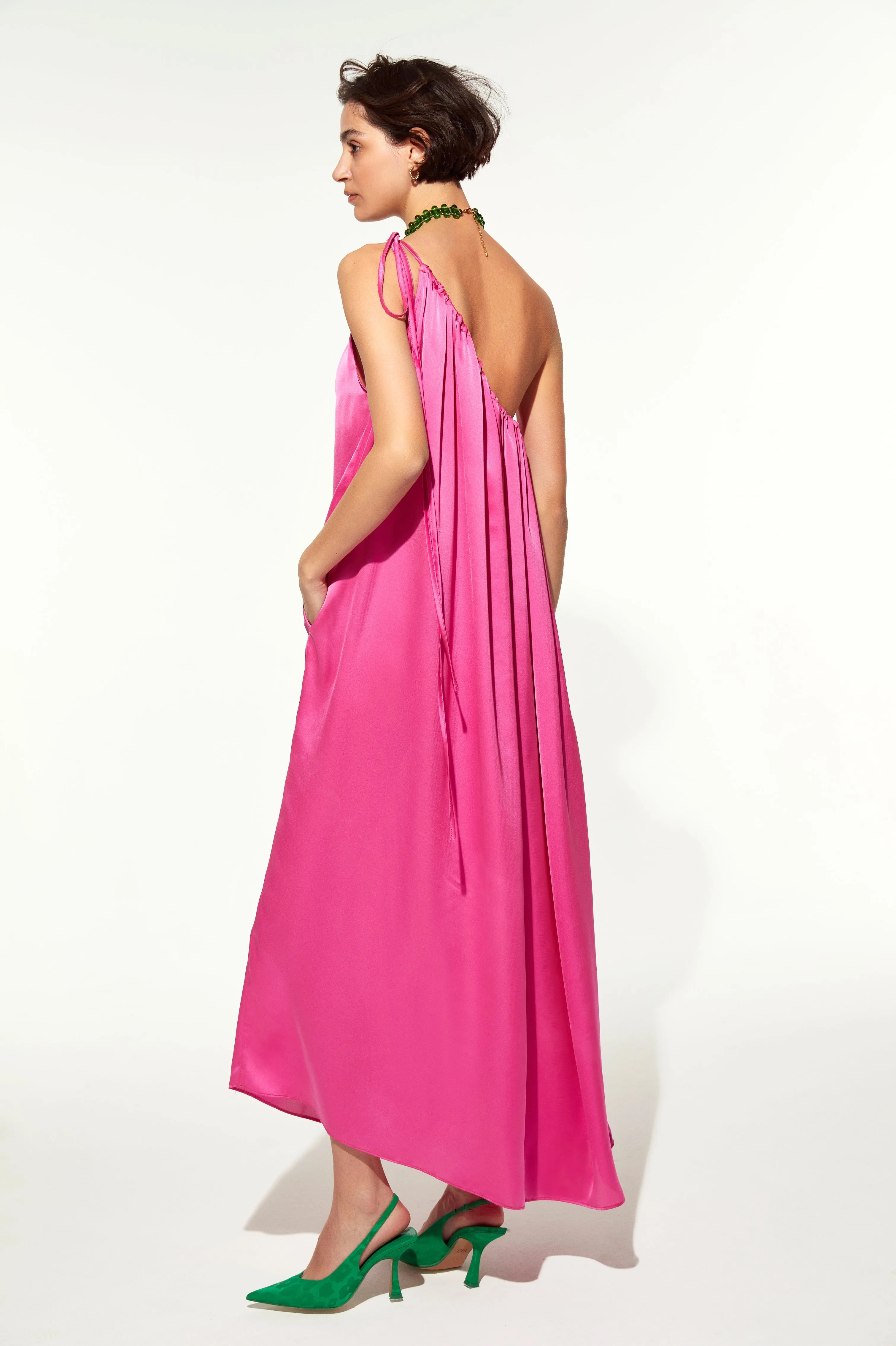 Chrissy One Shoulder Satin Maxi Dress in Pink