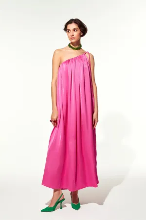 Chrissy One Shoulder Satin Maxi Dress in Pink