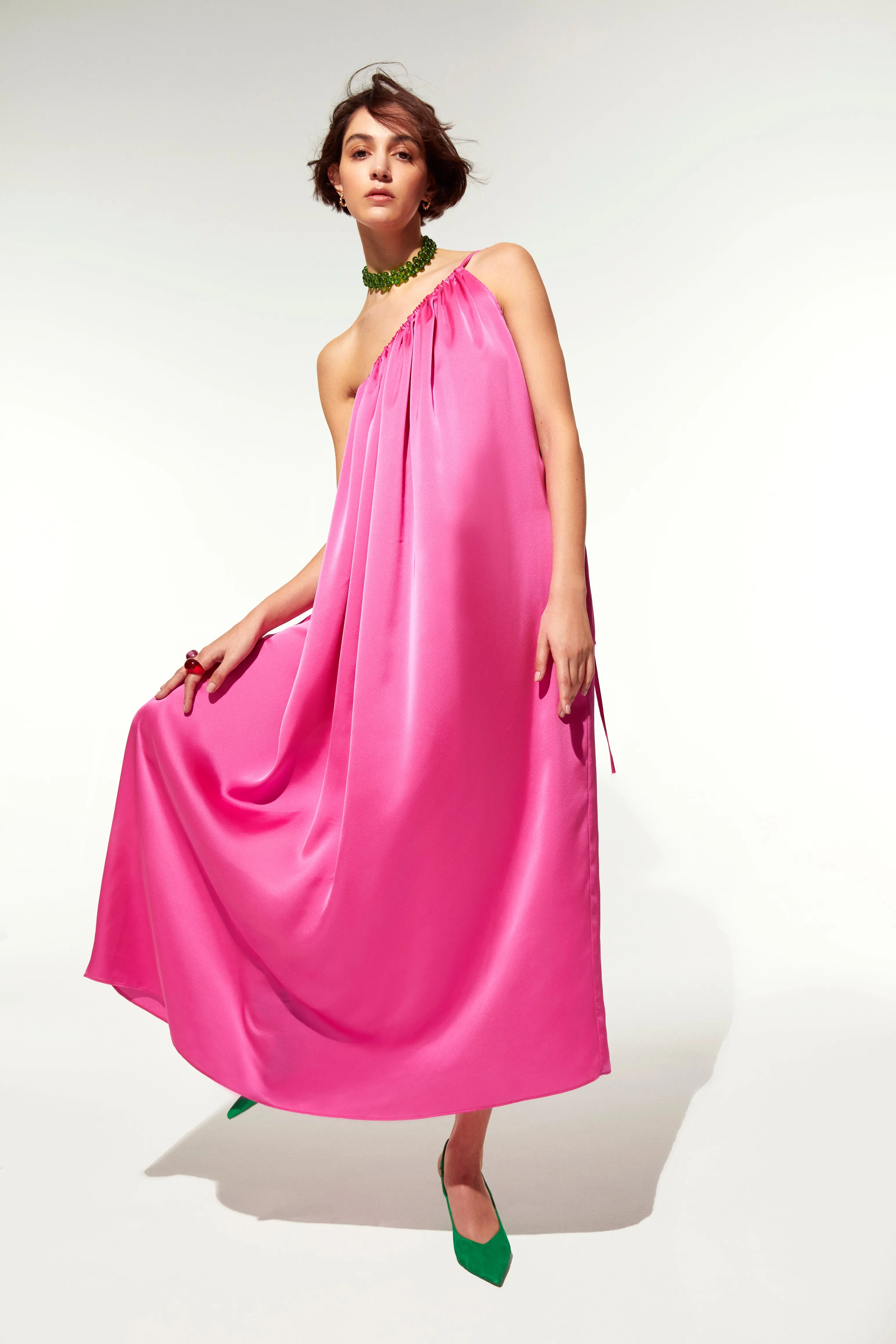Chrissy One Shoulder Satin Maxi Dress in Pink