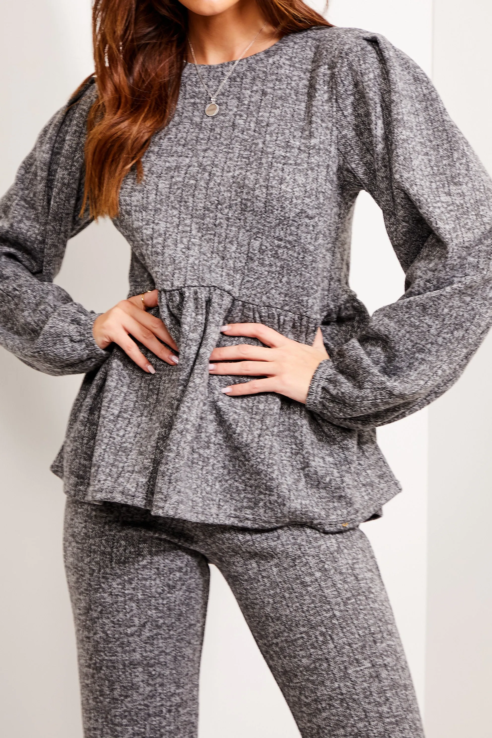 Dallas Grey Peplum Top and Wide Leg Trouser Co-ord Set