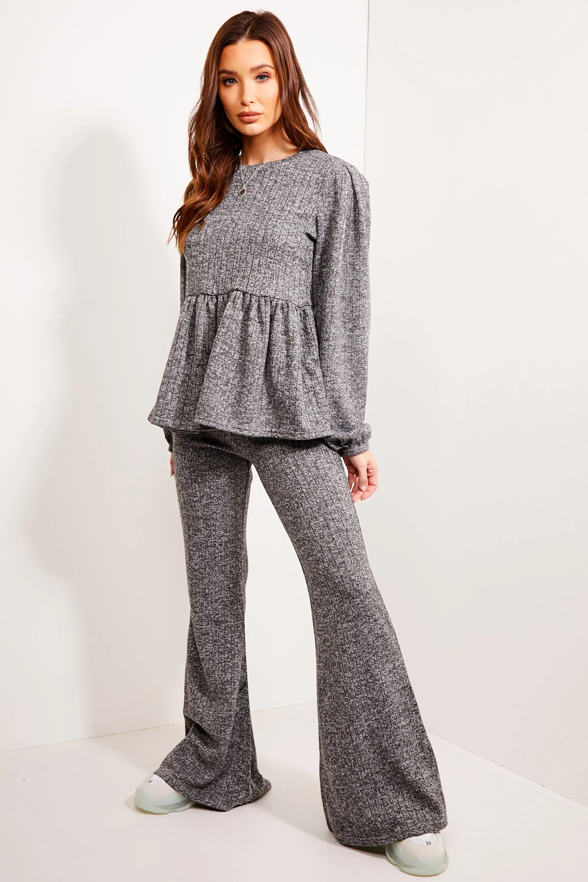 Dallas Grey Peplum Top and Wide Leg Trouser Co-ord Set