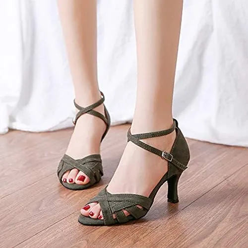 DKZSYIM Women's Suede Latin Salsa Dance Shoes Ballroom Performance Shoes, Model YCL343
