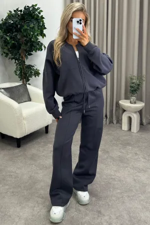 Emellie Charcoal Seam Front Zip Up Bomber Jacket and Joggers Tracksuit Set