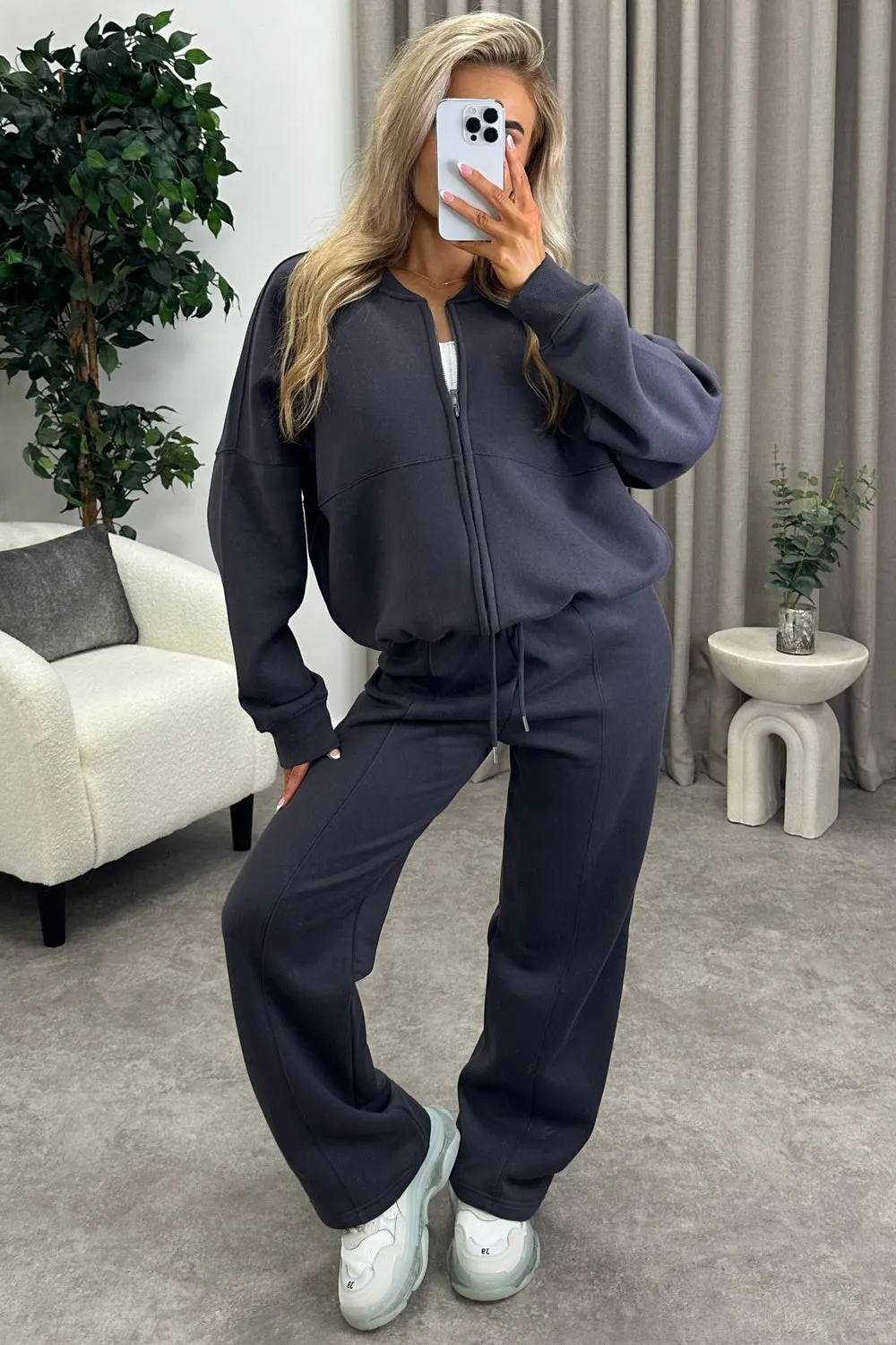 Emellie Charcoal Seam Front Zip Up Bomber Jacket and Joggers Tracksuit Set