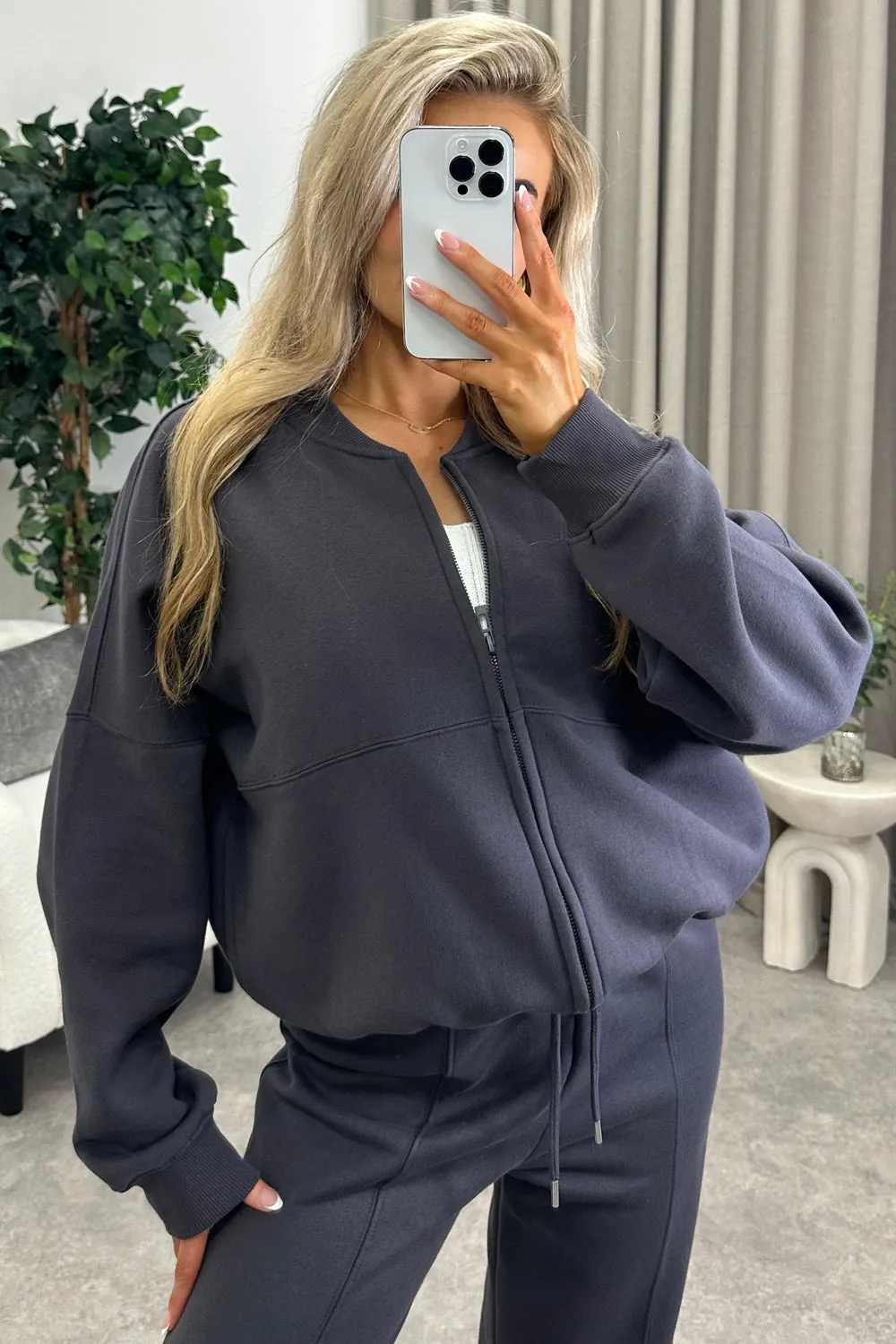 Emellie Charcoal Seam Front Zip Up Bomber Jacket and Joggers Tracksuit Set