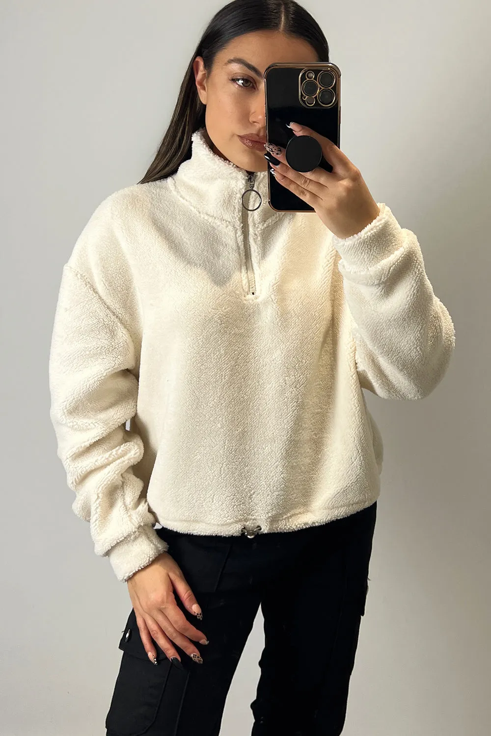 Enya Cream Half Zip High Neck Teddy Borg Sweatshirt