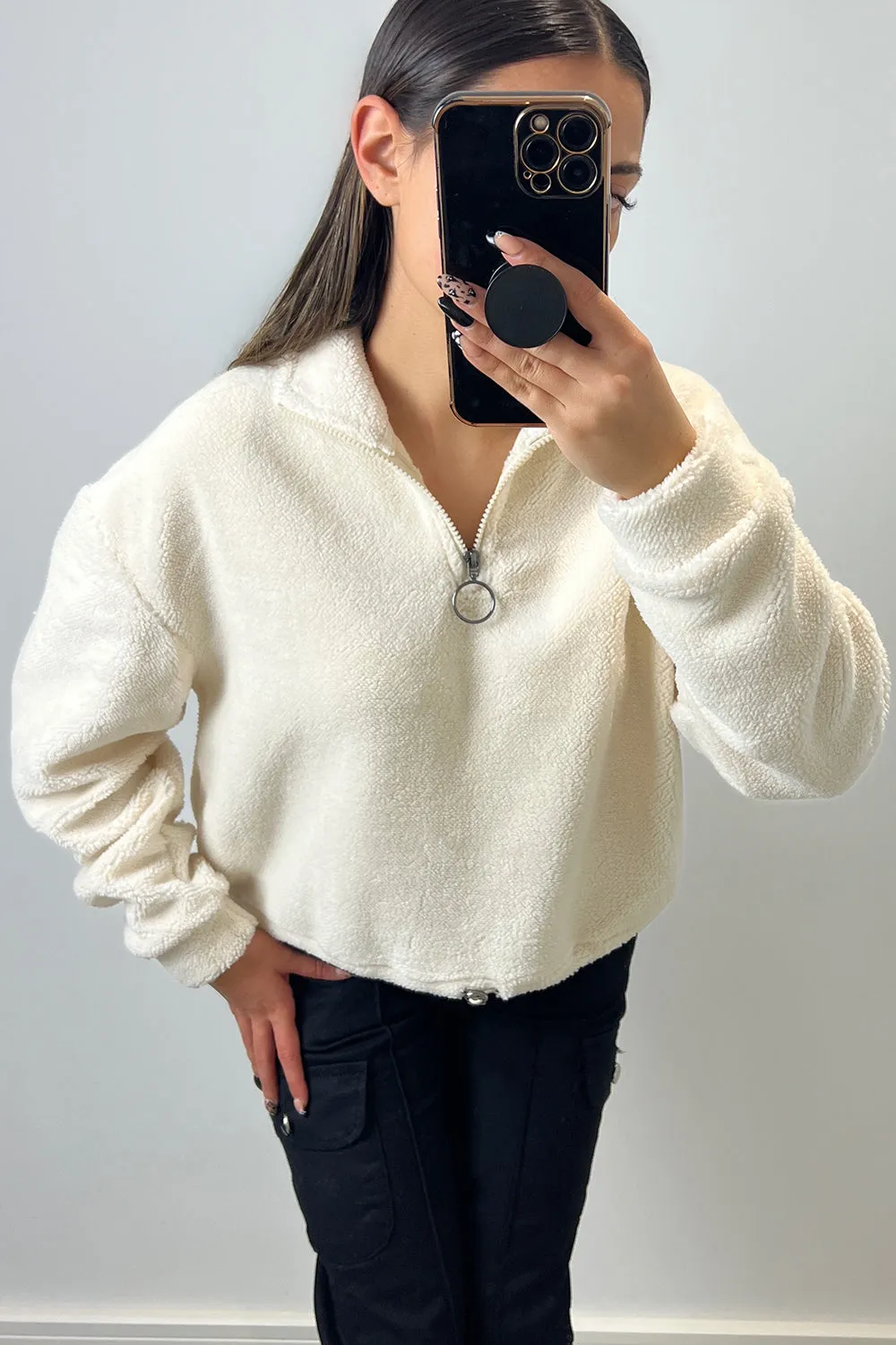 Enya Cream Half Zip High Neck Teddy Borg Sweatshirt