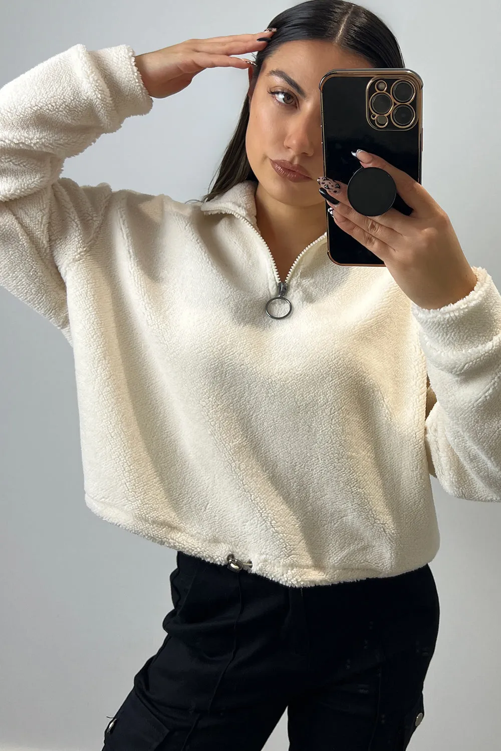 Enya Cream Half Zip High Neck Teddy Borg Sweatshirt