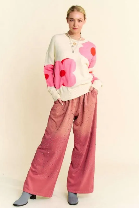 Glamorous Rhinestone-Embellished Wide Leg Pants with Adjustable Drawstring From Love Salve