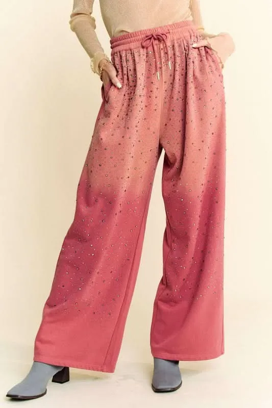 Glamorous Rhinestone-Embellished Wide Leg Pants with Adjustable Drawstring From Love Salve