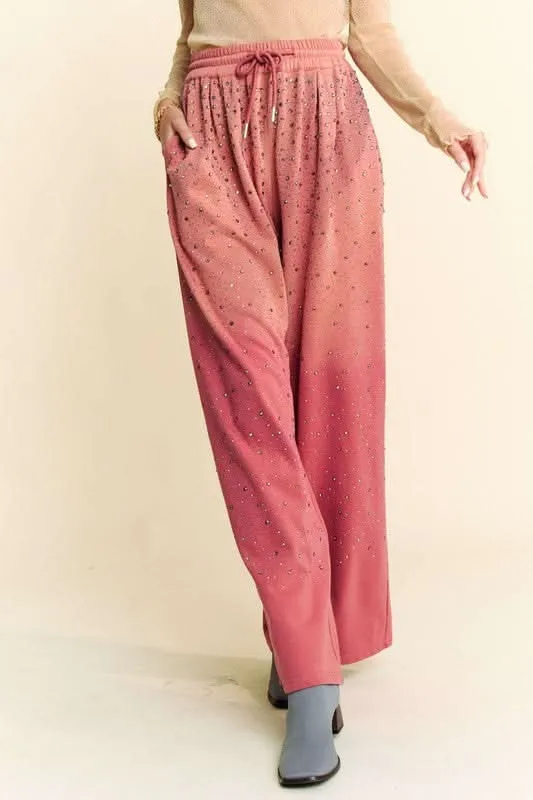 Glamorous Rhinestone-Embellished Wide Leg Pants with Adjustable Drawstring From Love Salve