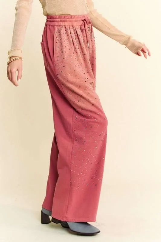 Glamorous Rhinestone-Embellished Wide Leg Pants with Adjustable Drawstring From Love Salve