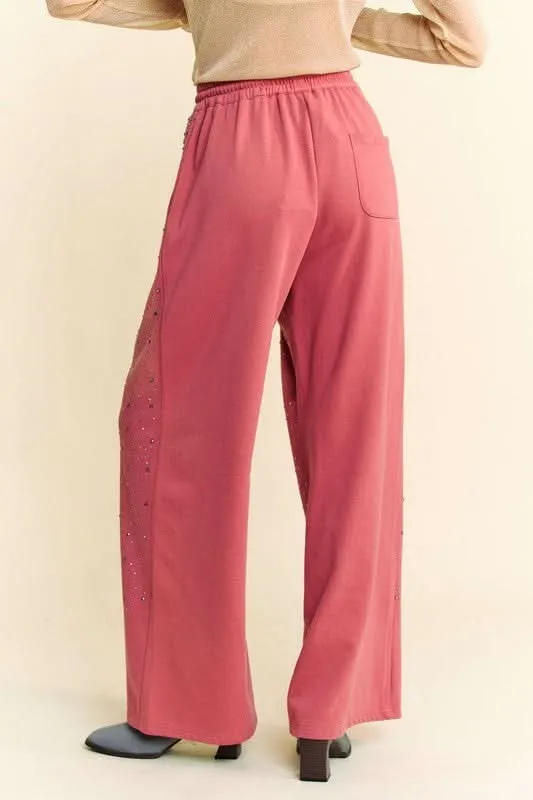 Glamorous Rhinestone-Embellished Wide Leg Pants with Adjustable Drawstring From Love Salve