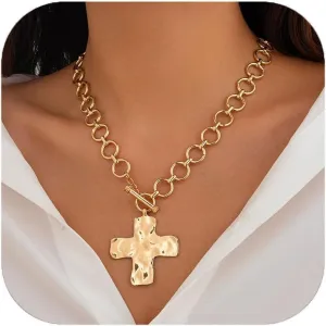Gold Cross Necklace for Women Hammered Cross Necklace Chunky Gold Cross Necklace Thick Chain Cross Pendant Necklace Dainty Cross Jewelry