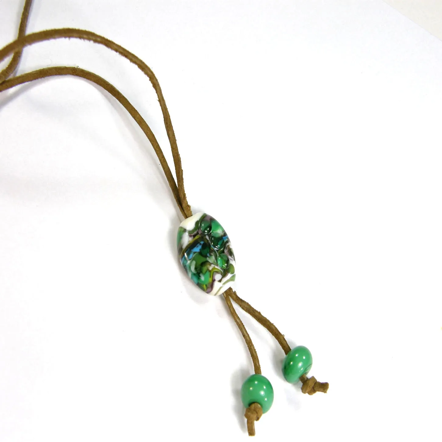 Green Blue Black White Lampwork Necklace, Adjustable Brown Leather Cord