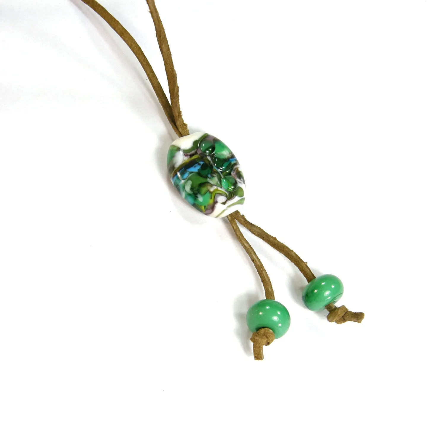 Green Blue Black White Lampwork Necklace, Adjustable Brown Leather Cord