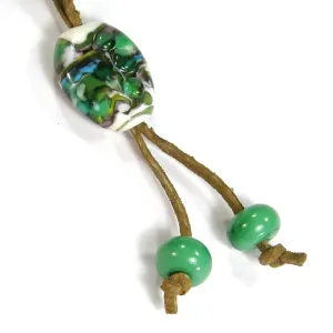 Green Blue Black White Lampwork Necklace, Adjustable Brown Leather Cord