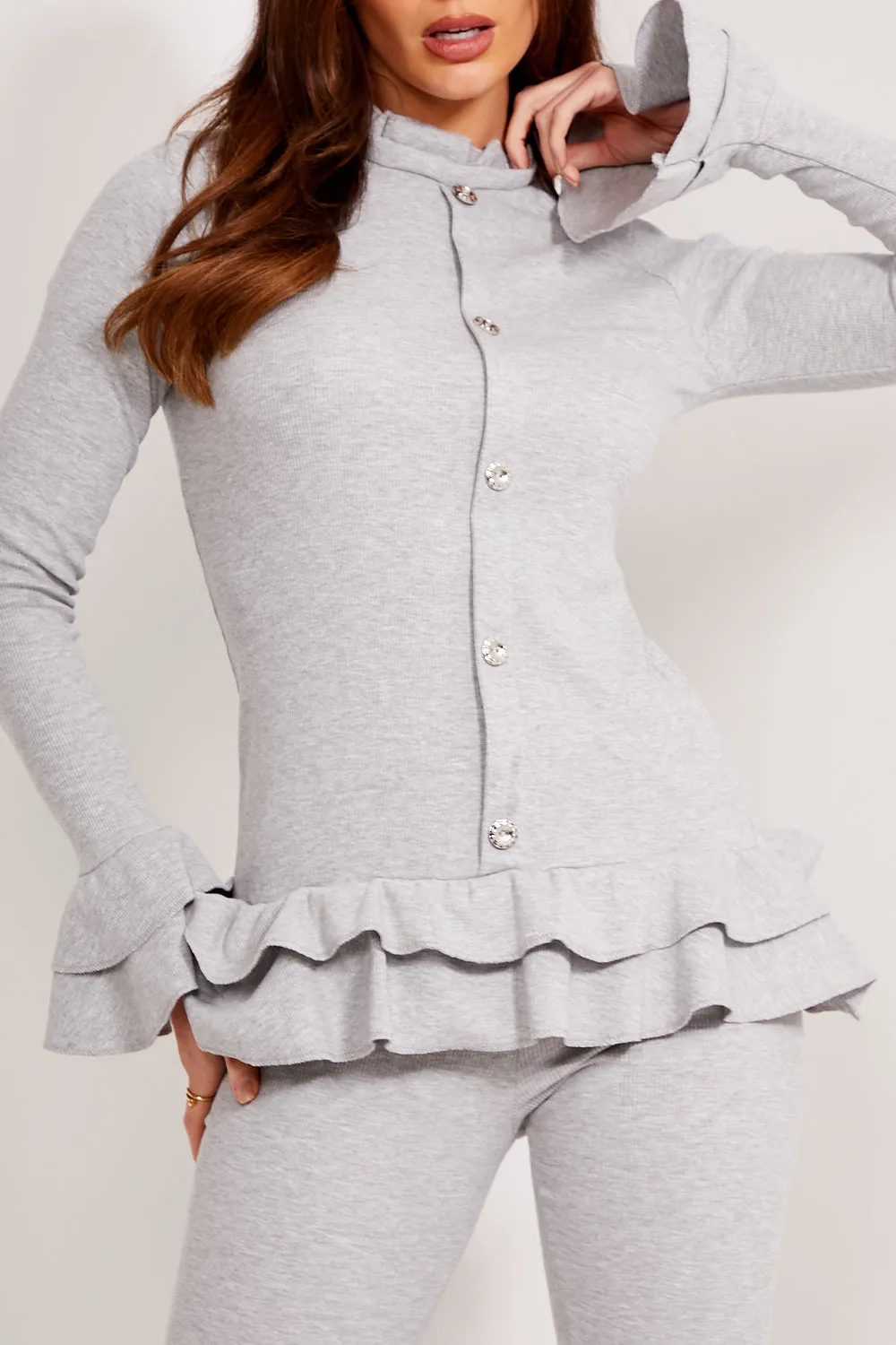 Grey Frill Buttoned Loungewear Set