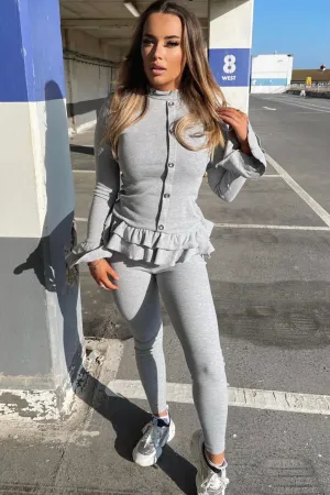 Grey Frill Buttoned Loungewear Set