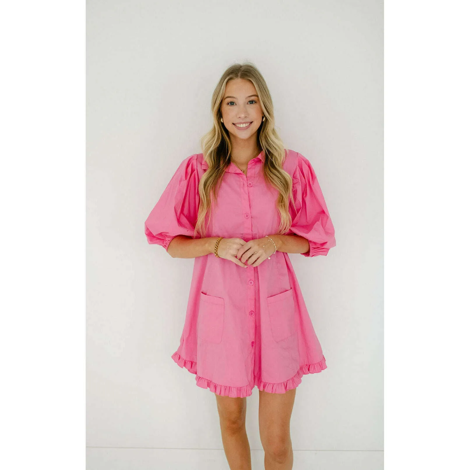 Karlie Pink Puff Sleeve Ruffle Pocket Dress