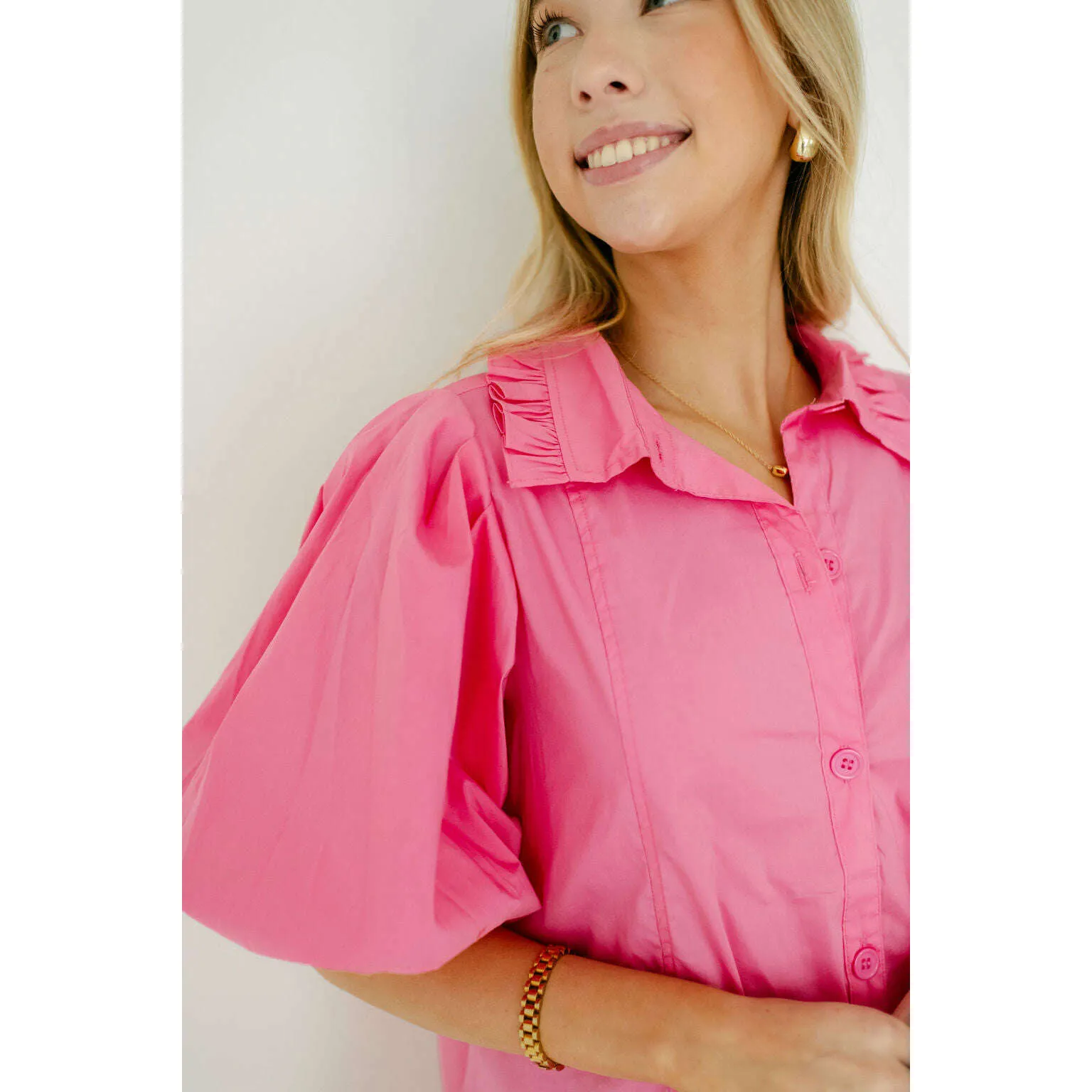 Karlie Pink Puff Sleeve Ruffle Pocket Dress