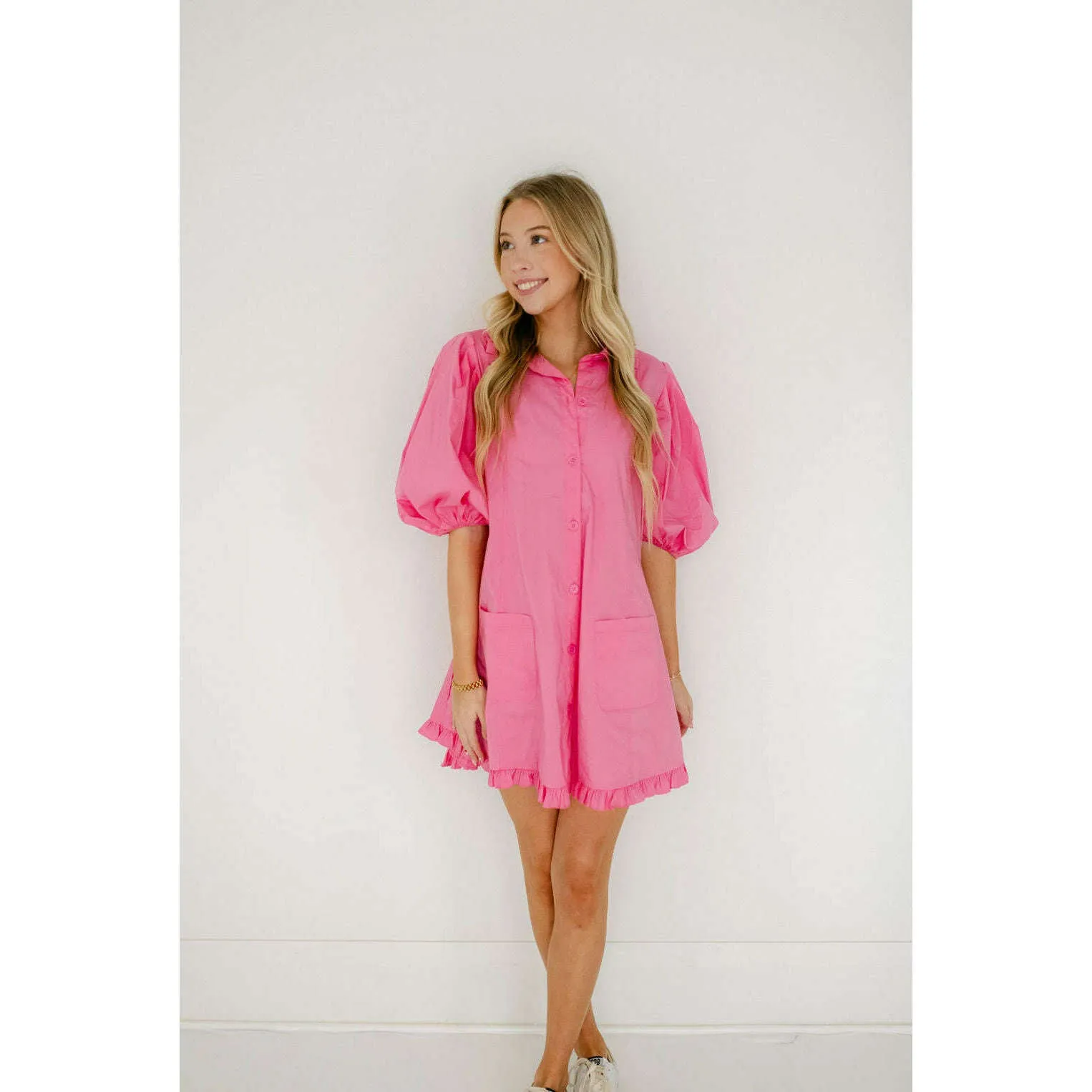 Karlie Pink Puff Sleeve Ruffle Pocket Dress