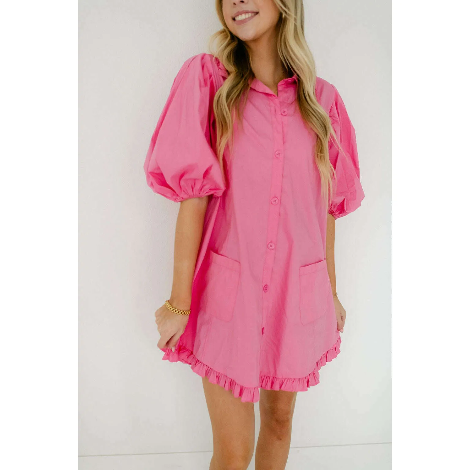 Karlie Pink Puff Sleeve Ruffle Pocket Dress
