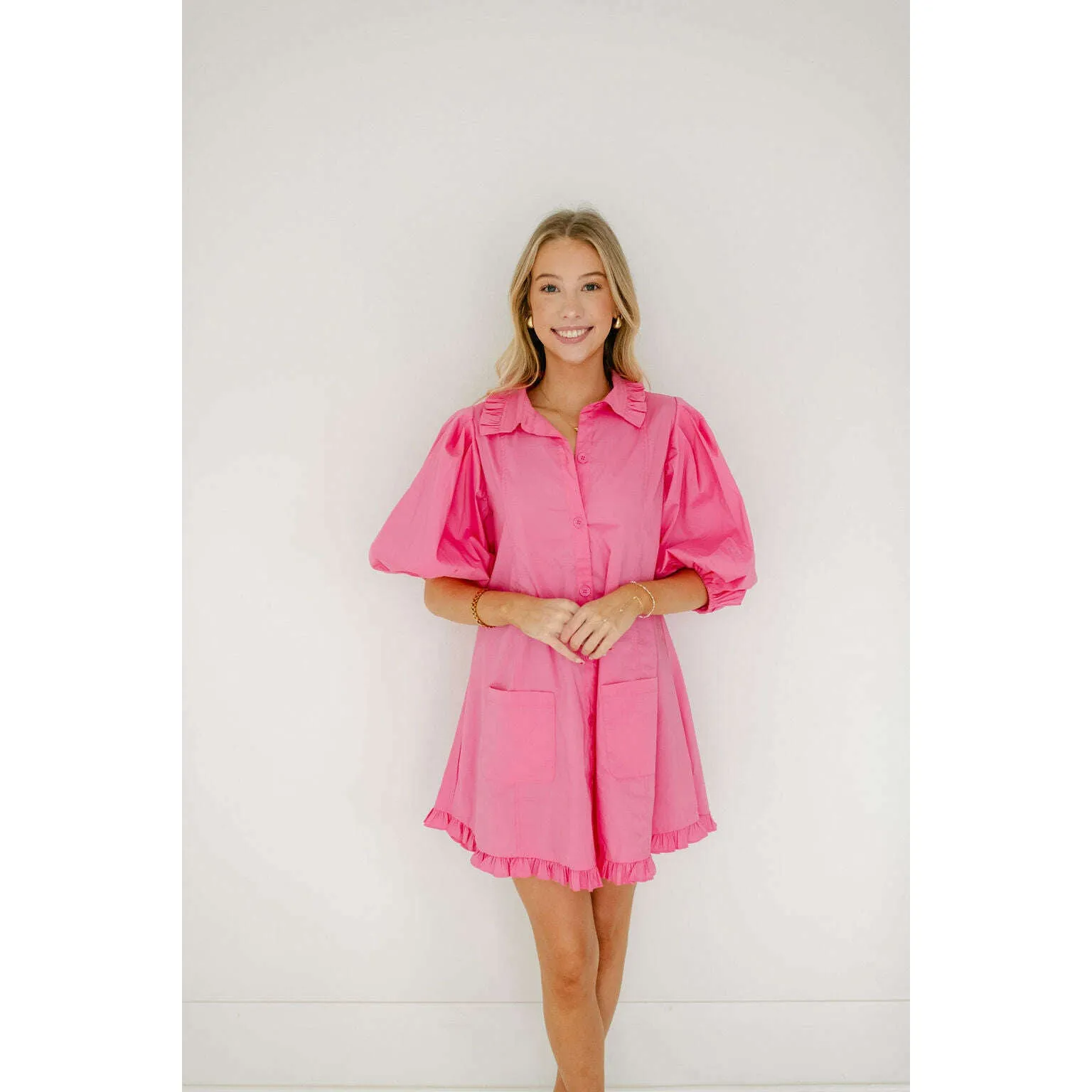 Karlie Pink Puff Sleeve Ruffle Pocket Dress