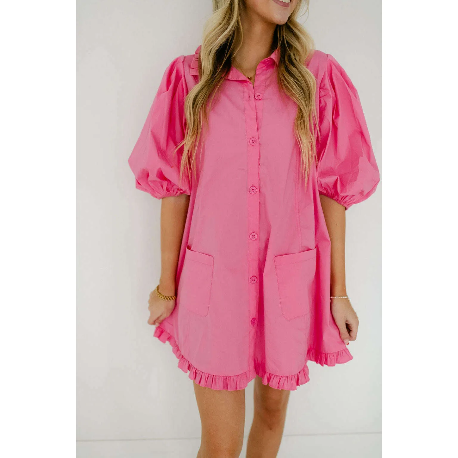 Karlie Pink Puff Sleeve Ruffle Pocket Dress