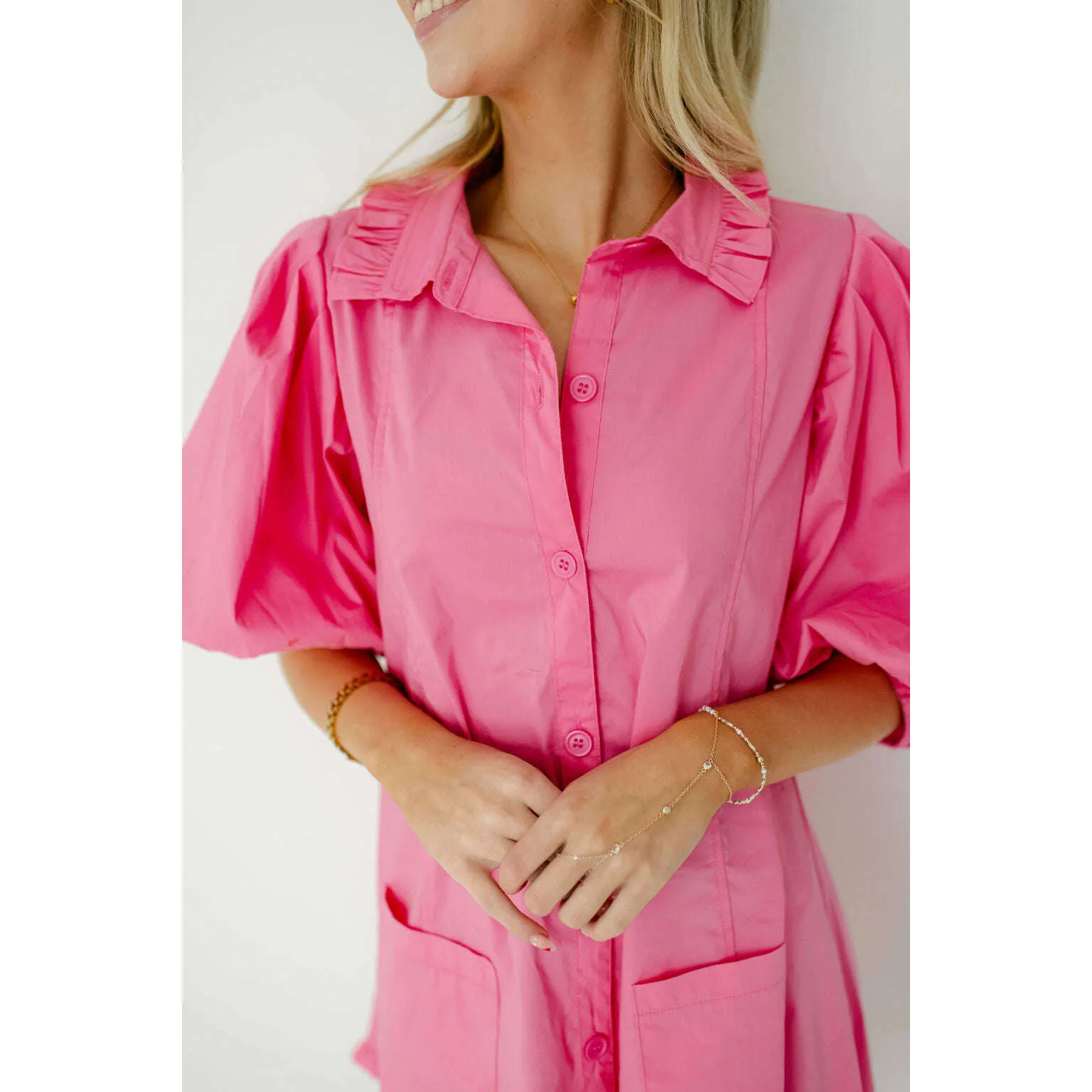 Karlie Pink Puff Sleeve Ruffle Pocket Dress