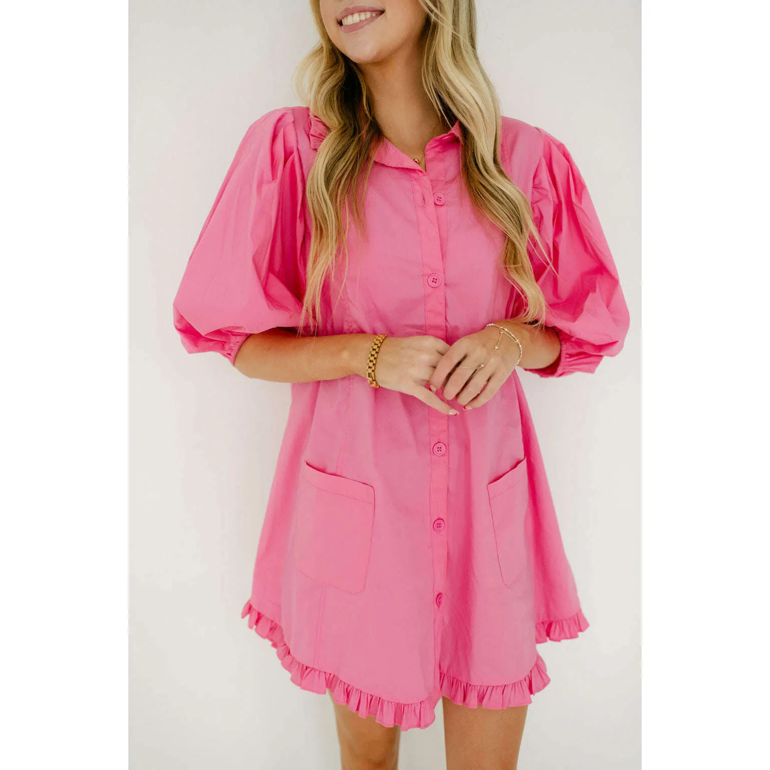 Karlie Pink Puff Sleeve Ruffle Pocket Dress