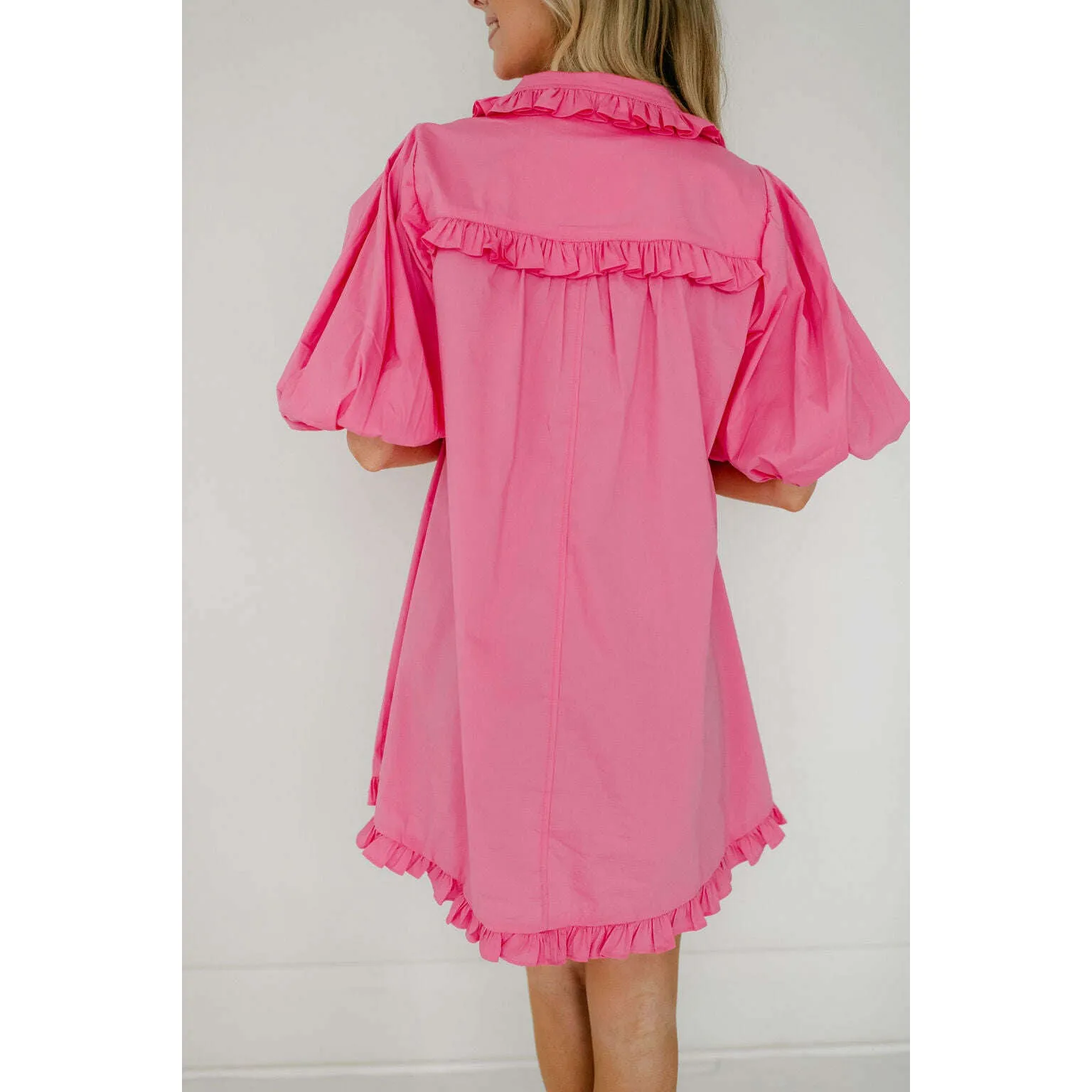 Karlie Pink Puff Sleeve Ruffle Pocket Dress