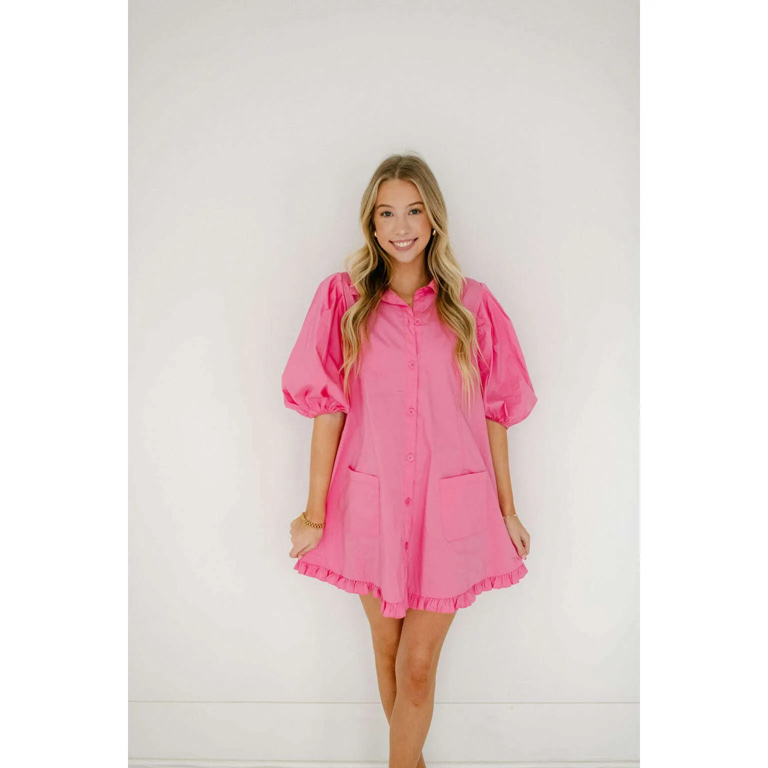 Karlie Pink Puff Sleeve Ruffle Pocket Dress