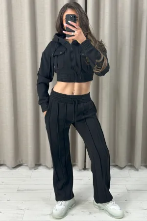 Kenza Black Pocket Cropped Hooded and Seam Front Joggers Tracksuit Set