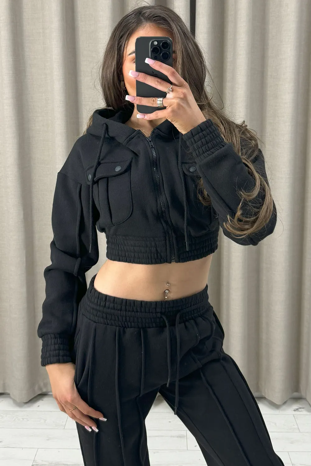 Kenza Black Pocket Cropped Hooded and Seam Front Joggers Tracksuit Set
