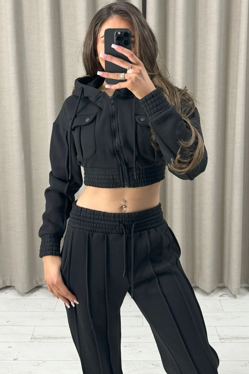 Kenza Black Pocket Cropped Hooded and Seam Front Joggers Tracksuit Set