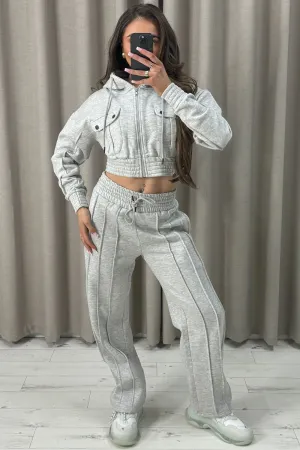 Kenza Grey Pocket Cropped Hooded and Seam Front Joggers Tracksuit Set
