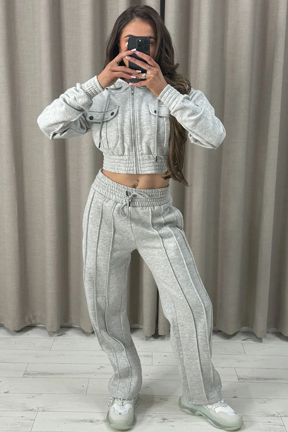 Kenza Grey Pocket Cropped Hooded and Seam Front Joggers Tracksuit Set